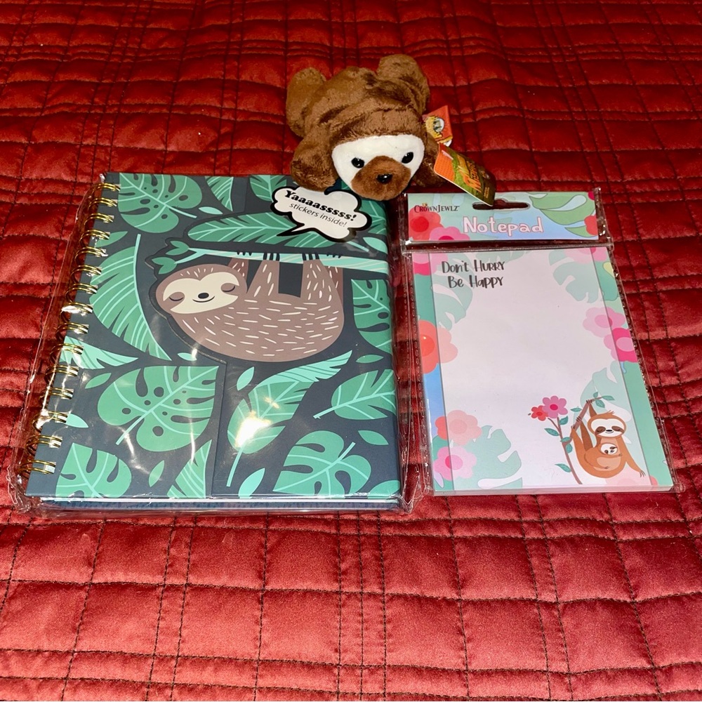 Sloth-Themed Notebook and Notepad Set with Plush